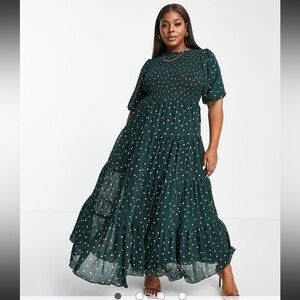 ASOS DESIGN Curve shirred tiered maxi dress in green spot print